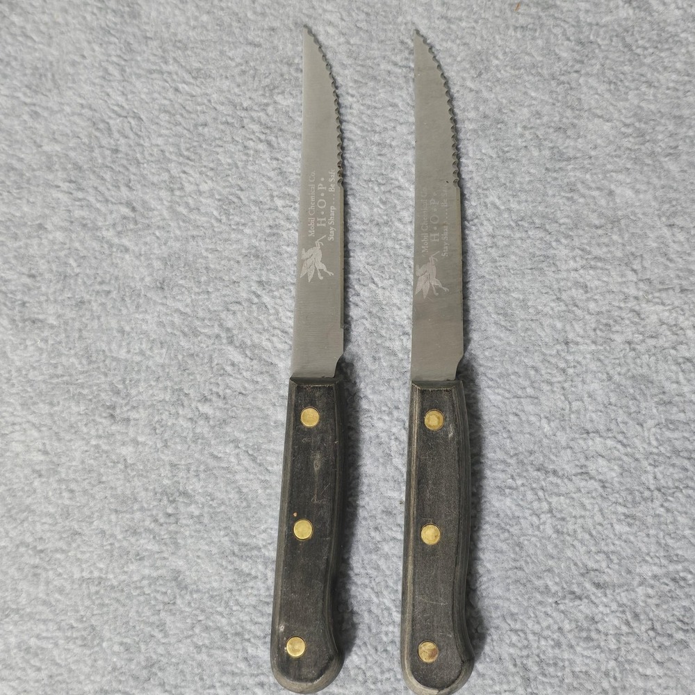 Vintage Mobil Chemical Steak Knives Tramontina Onyx Set 2 Wood Handle Brazil